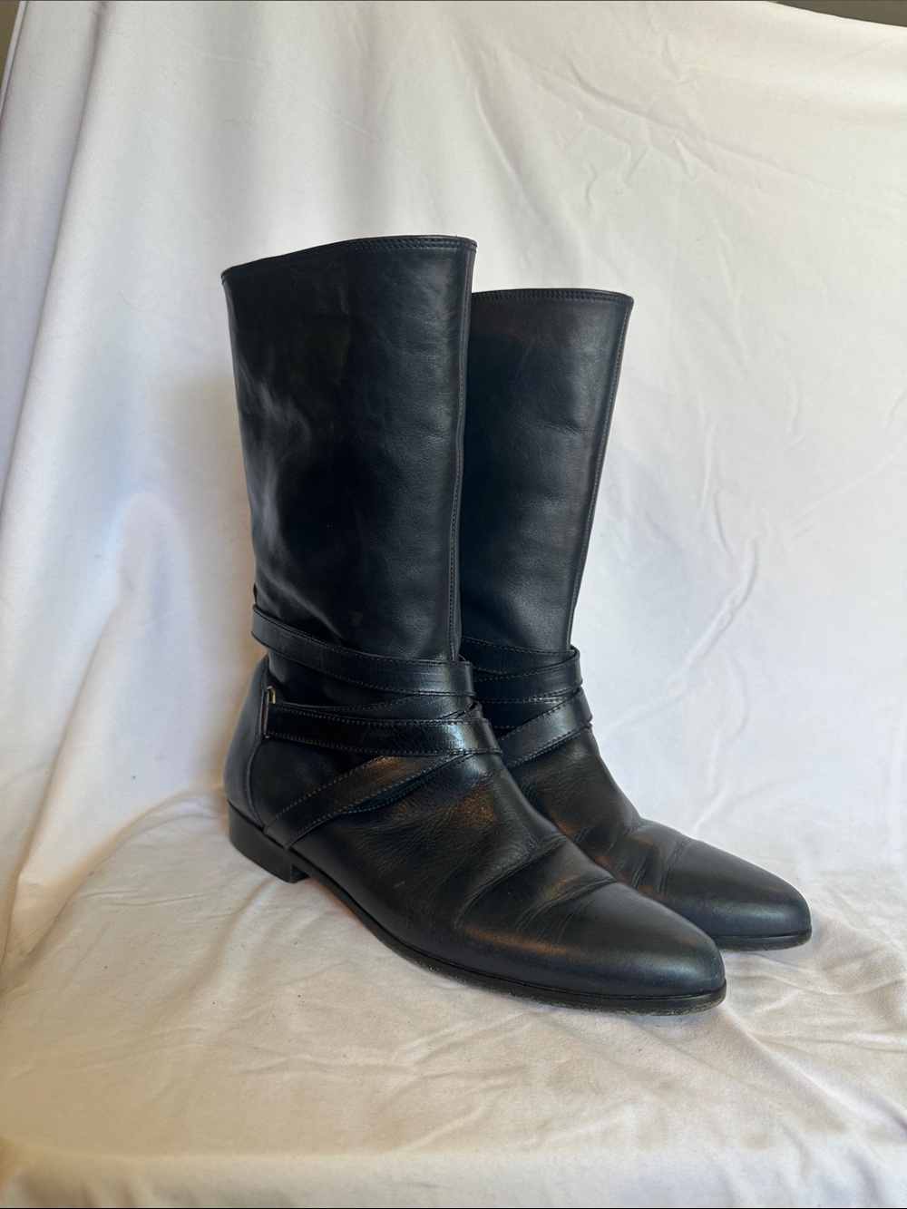 Vaneli Navy Leather Mid-Calf Women's 1980s Boots
